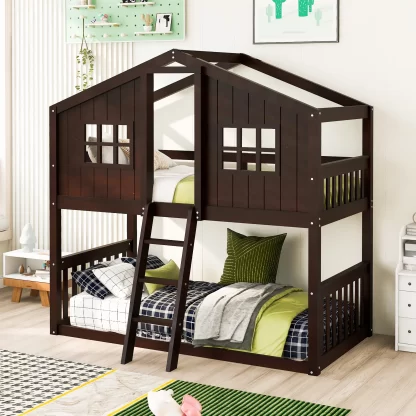 Kumix Twin over Twin Bunk Bed, Wood House Bed with Windows, Full Length Guardrail, Tent for Kids Teens Boys/Girls, Heavy Duty Bunk Bed Frame for Kids' Bedroom, No Box Spring Needed, Espresso