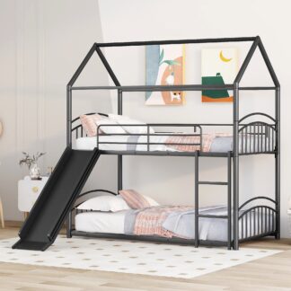 Kumix Bunk Bed With Slide, Twin over Twin Bunk Bed for Kids Teens Boys and Girls with Safety Guardrail and Ladder, House Bed Able to Split, Metal Bunk Bed Frame for Bedroom, Noise-Free, Black