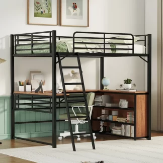 Kumix Loft Bed Full Size, Metal Loft Bed with Desk and Shelves for Kids, Teens, Adults, Heavy Duty Loft Bed with Safety Guardrail and Ladder for Bedroom, Dom, Space Saving, Noise-Free, Black