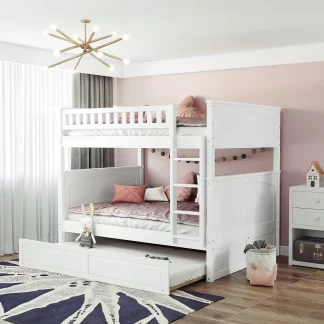 Kumix Bunk Bed with Trundle, Full over Full Bunk Bed with Full Length Guardrail and Build-in Ladder for Kids Teens Adults, Wood Bunk Bed Can Convertible into 2 Beds, Noise-Free, White