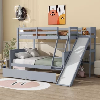 Kumix Bunk Bed with Slide, Twin over Full Bunk Bed with Drawers, Shelves, Full Length Guardrail and Ladder, Wood Bunk Bed for Kids Teens, Noise-Free, No Box Spring Needed, Easy Assembly, Gray