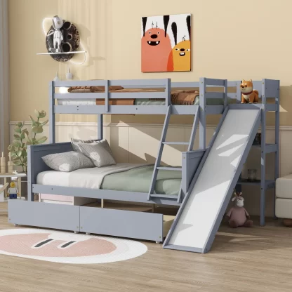 Kumix Bunk Bed with Slide, Twin over Full Bunk Bed with Drawers, Shelves, Full Length Guardrail and Ladder, Wood Bunk Bed for Kids Teens, Noise-Free, No Box Spring Needed, Easy Assembly, Gray