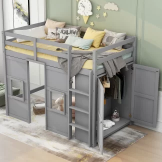 Kumix Twin Size Loft Bed, Wood Loft Bed with Built-in Storage Wardrobe, Full Length Guardrail, Ladder and 2 Windows for Kids Teens Adults, Space-Saving Loft Bed Frame for Bedroom, Gray