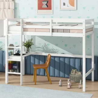Kumix Loft Bed Twin Size with Desk, Wood Loft Bed with Full Length Guardrail and Build-in Ladder for Kids Teens Adults, Heavy Duty Loft Bed for Bedroom, Dorm, Noise-Free, Space-Saving, White