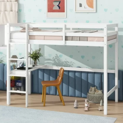 Kumix Loft Bed Twin Size with Desk, Wood Loft Bed with Full Length Guardrail and Build-in Ladder for Kids Teens Adults, Heavy Duty Loft Bed for Bedroom, Dorm, Noise-Free, Space-Saving, White