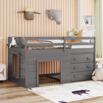 Kumix Loft Bed Twin Size, Wood Loft Bed with Drawers, Shelf, Full Length Guardrail and Ladder for Kids Teens Adults, Space-Saving, Spacious Under Bed Space, Noise-Free, Easy Assembly, Gray