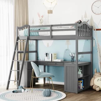 Kumix Loft Bed Twin Size, Wood Loft Bed with Drawers, Cabinet, Shelves and Desk for Kids Teens Aults, Space-Saving Loft Bed Frame with Full Length Guardrail and Ladder for Bedroom, Noise-Free, Gray