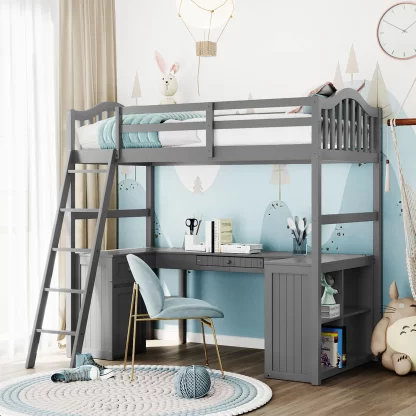 Kumix Loft Bed Twin Size, Wood Loft Bed with Drawers, Cabinet, Shelves and Desk for Kids Teens Aults, Space-Saving Loft Bed Frame with Full Length Guardrail and Ladder for Bedroom, Noise-Free, Gray