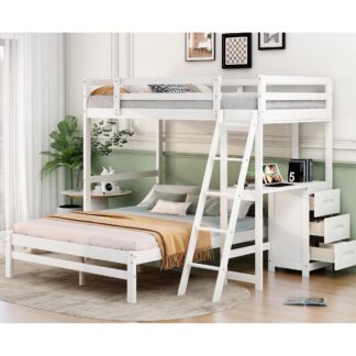 Kumix Bunk Bed with Desk, Twin over Full Bunk Bed with Drawers, Full Length Guardrail and Ladder for Kids Teens Adults, Wood Bunk Bed Can Convertible into 2 Beds, Noise-Free, White
