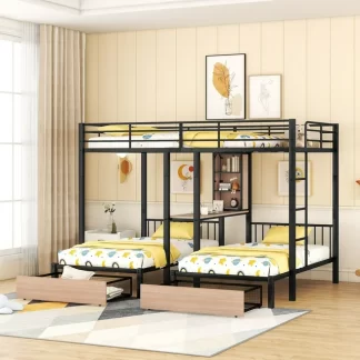 Kumix Triple Bunk Bed with Desk, Full over Twin and Twin Bunk Bed with Drawers and Shelves for Kids Teens, Metal Bunk Bed Can Separated into 3 Beds for Bedroom, Noise Free, Space Saving, Black