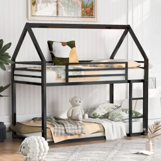 Kumix Metal Bunk Bed Twin over Twin, House Bunk Bed for Kids Teens Boys/Girls with Built-in Ladder and Full Length Guardrail, Low Bunk Bed for Toddler, 2 in 1 Bunk Bed, Noise-Free, Black