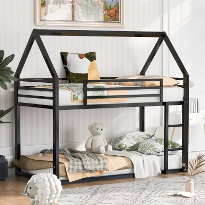 Kumix Metal Bunk Bed Twin over Twin, House Bunk Bed for Kids Teens Boys/Girls with Built-in Ladder and Full Length Guardrail, Low Bunk Bed for Toddler, 2 in 1 Bunk Bed, Noise-Free, Black