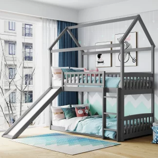 Kumix House Bunk Bed with Slide, Twin over Twin Bunk Bed with Full Length Guardrail and Ladder for Kids Teens Adults, Wood Bunk Bed Frame for Bedroom, 2 in 1 Bunk Bed, Low Bed for Toddler, Gray