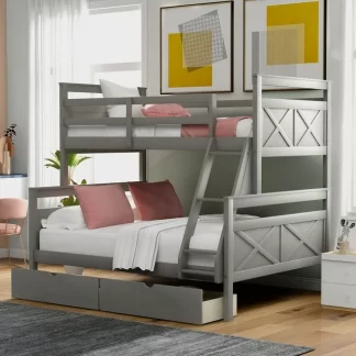 Kumix Twin over Full Bunk Bed, Wood Bunk Bed with Drawers, Full-Length Guardrail, Ladder for Kids Teens Adults, 2 Bunk Bed in 1, Space-Saving Bunk Bed Able to Split, Noise-Free, Gray