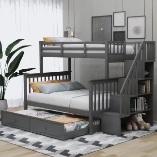Kumix Bunk Bed with Trundle, Twin over Full Bunk Bed with Storage Stairway and Full Length Guardrail for Kids Teens Adults, Wood Bunk Bed Able to Split, Bunk Beds for 3, Noise-Free, Grey