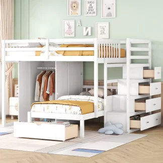 Kumix Full over Twin Bunk Bed, Wood Bunk Bed with Wardrobe, Drawers and Full Length Guardrail and Staircase for Kids Teens Adults, Heavy Duty Bunk Bed Frame for Bedroom, Dorm, Space-Saving, White