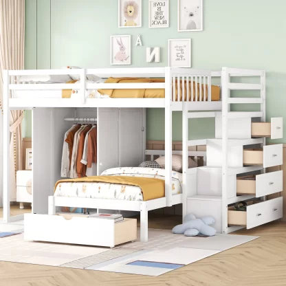 Kumix Full over Twin Bunk Bed, Wood Bunk Bed with Wardrobe, Drawers and Full Length Guardrail and Staircase for Kids Teens Adults, Heavy Duty Bunk Bed Frame for Bedroom, Dorm, Space-Saving, White