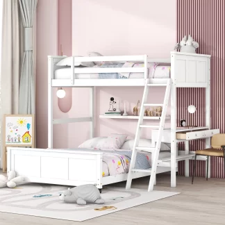 Kumix Twin over Full Bunk Bed with Desk, Wood Bunk Bed with Drawers, Full Length Guardrail and Ladder for Kids Teens Adults, Heavy Duty Bunk Bed with Removable Bottom Bed, White
