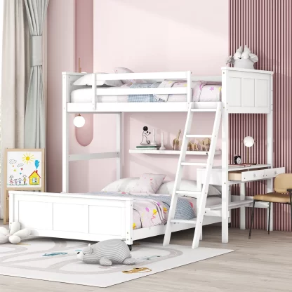Kumix Twin over Full Bunk Bed with Desk, Wood Bunk Bed with Drawers, Full Length Guardrail and Ladder for Kids Teens Adults, Heavy Duty Bunk Bed with Removable Bottom Bed, White