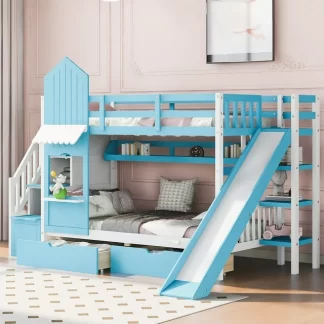 Kumix Twin over Twin Bunk Bed with Slide, Castle Style Bunk Bed with 2 Drawers 3 Shelves, Full Length Guardrail and Storage Staircase for Kids Teens Adults, Wood Bunk Bed for Bedroom, Blue