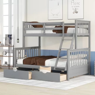 Kumix Bunk Bed with Drawers, Twin over Full Bunk Bed with Full Length Guardrail and Build-in Ladder for Kids Teens Adults, Wood Bunk Bed Able to Split, 2 in 1 Bunk Beds, Noise-Free, Grey