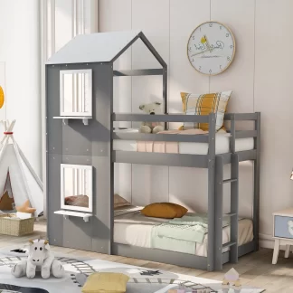 Kumix House Bunk Bed for Kids, Twin over Twin Bunk Bed with Roof, Window, Ladder, Full Length Guardrail for Boys and Girls, Wood Low Bunk Bed for Kids Bedroom, 2 in 1 Bunk Beds, Noise-Free, Gray