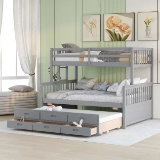 Kumix Bunk Bed with Trundle, Twin over Full Bunk Bed with Drawers, Full Length Guardrail and Ladder for Kids Teens Adults, Wood Bunk Bed Able to Split, with Twin Size Trundle, Noise-Free, Gray