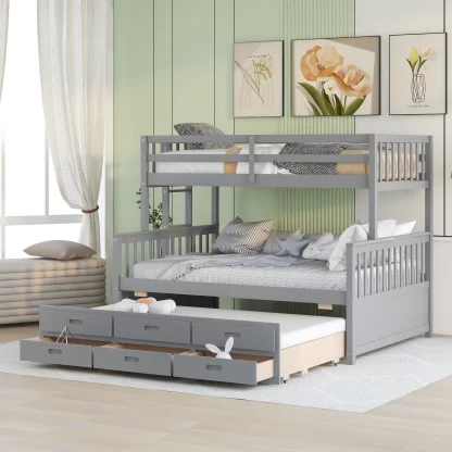 Kumix Bunk Bed with Trundle, Twin over Full Bunk Bed with Drawers, Full Length Guardrail and Ladder for Kids Teens Adults, Wood Bunk Bed Able to Split, with Twin Size Trundle, Noise-Free, Gray