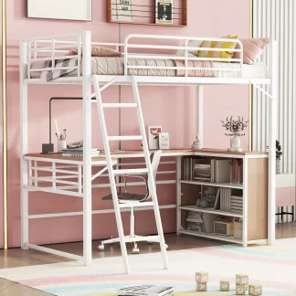 Kumix Loft Bed Twin Size, Metal Loft Bed with Desk and Shelves for Kids, Teens, Adults, Heavy Duty Loft Bed with Safety Guardrail and Ladder for Bedroom, Dom, Space Saving, Noise-Free, White