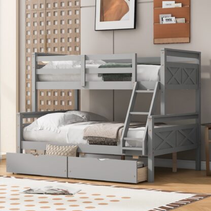 Kumix Twin over Full Bunk Bed, Wood Bunk Bed with Drawers, Safety Guardrail, Ladder for Kids Teens Adults, 2 Bunk Bed in 1, Can Convertible in to 2 Beds, Space-Saving, Noise-Free, Gray