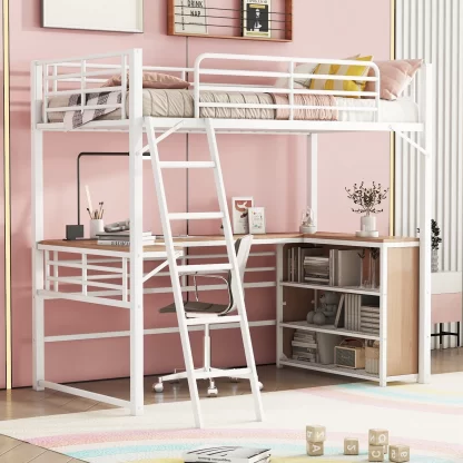 Kumix Loft Bed Twin Size, Metal Loft Bed with Desk and Shelves for Kids, Teens, Adults, Heavy Duty Loft Bed with Safety Guardrail and Ladder for Bedroom, Dom, Space Saving, Noise-Free, White