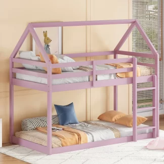 Kumix Twin over Twin Bunk Bed, Wood House Bunk Bed with Roof, Full Length Guardrail and Build-in Ladder for Kids Teens, Floor Bunk Bed for Bedroom, Noise-Free, No Box Spring Needed, Pink