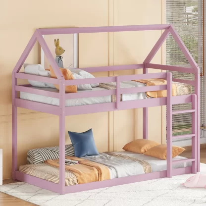 Kumix Twin over Twin Bunk Bed, Wood House Bunk Bed with Roof, Full Length Guardrail and Build-in Ladder for Kids Teens, Floor Bunk Bed for Bedroom, Noise-Free, No Box Spring Needed, Pink