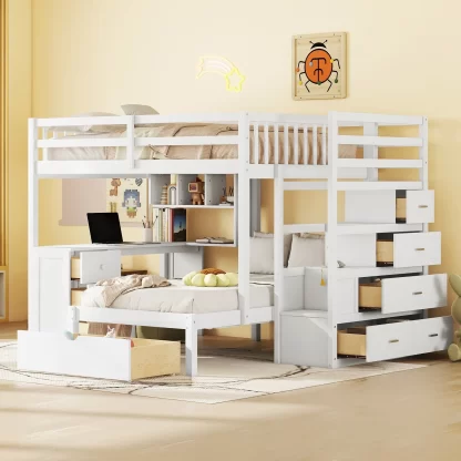 Kumix Bunk Bed with Desk, Full over Twin Bunk Bed with Drawers, Shelves for Kids Teens Adults, Wood Bunk Bed for Bedroom, Dorm, 2 in 1 Bunk Bed, Noise-Free, No Box Spring Needed, White