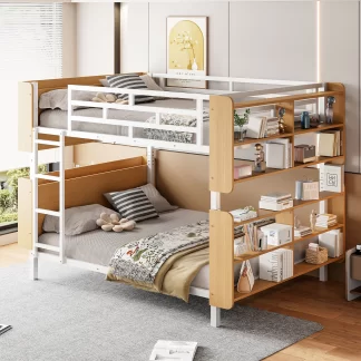 Kumix Full over Full Bunk Bed, Metal Bunk Bed with Full-Length Guardrail, Storage Shelves and Ladder for Kids Teens, Heavy Duty Bunk Bed Frame Can Convertible into 2 Beds, Noise-Free, White