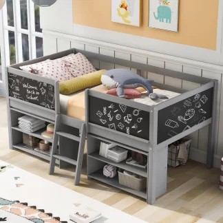 Kumix Twin Size Low Loft Bed, Wood Loft Bed with Two Movable Shelves and Ladder, with Decorative Guardrail Chalkboard for Kids Teens Boys & Girls, Noise-Free, No Box Spring Needed, Gray