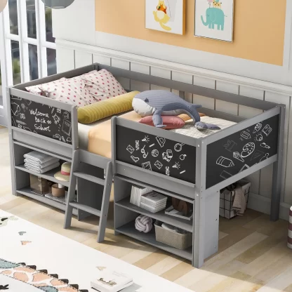 Kumix Twin Size Low Loft Bed, Wood Loft Bed with Two Movable Shelves and Ladder, with Decorative Guardrail Chalkboard for Kids Teens Boys & Girls, Noise-Free, No Box Spring Needed, Gray
