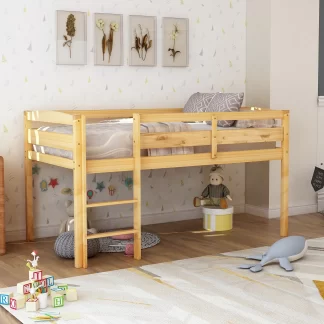 Kumix Twin Size Loft Bed, Wood Loft Bed with Full Length Guardrail and Build-in Ladder for Kids Teens Adults, Heavy Duty Loft Bed for Bedroom, Spacious Under Bed Space, Noise-Free, Walnut
