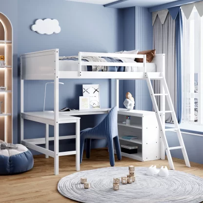 Kumix Loft Bed Full Size with Desk, Wood Loft Bed with Shelves Full Length Guardrail and Build-in Ladder for Kids Teens Adults, Heavy Duty Loft Bed for Bedroom, Noise-Free, Easy Assembly, White