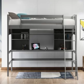 Kumix Loft Bed Twin Size with Desk, Wood Loft Bed with Storage Shelves, Full Length Guardrail and Inclined Ladder for Kids Teens Adults, Space-Saving Loft Bed for Bedroom, Noise-Free, Gray