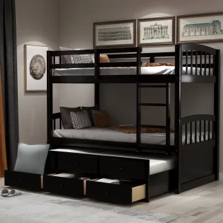 Kumix Twin over Twin Bunk Bed with Trundle, Wood Bunk Bed with Drawers Safety Guardrail and Ladder, Heavy Duty Bunk Bed Able to Split, Twin Trundle Bed for Bedroom, Guest Room, Espresso