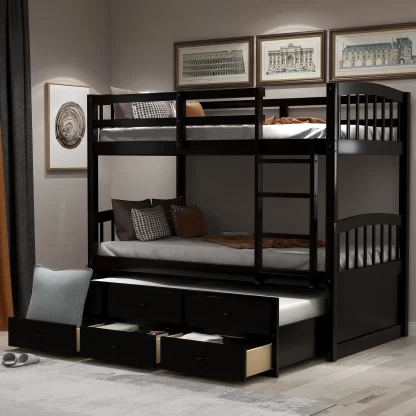 Kumix Twin over Twin Bunk Bed with Trundle, Wood Bunk Bed with Drawers Safety Guardrail and Ladder, Heavy Duty Bunk Bed Able to Split, Twin Trundle Bed for Bedroom, Guest Room, Espresso
