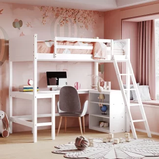 Kumix Loft Bed Twin Size with Desk, Wood Loft Bed with Storage Shelves Full Length Guardrail and Inclined Ladder for Kids Teens Adults, Space-Saving Loft Bed Frame for Bedroom, Noise-Free, White