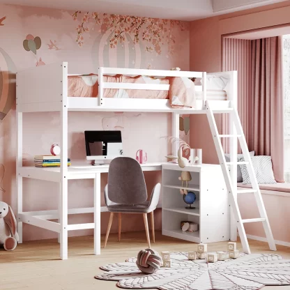 Kumix Loft Bed Twin Size with Desk, Wood Loft Bed with Storage Shelves Full Length Guardrail and Inclined Ladder for Kids Teens Adults, Space-Saving Loft Bed Frame for Bedroom, Noise-Free, White