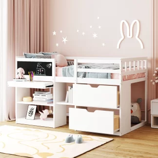 Kumix Loft Bed Twin Size, Low Loft Bed with Rolling Desk, Shelf and Drawers for Kids Teens Adults, Wood Loft Bed with Full Length Guardrail and Ladder for Bedroom, Noise-Free, White