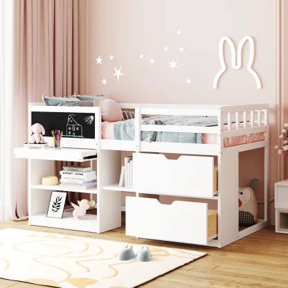 Kumix Loft Bed Twin Size, Low Loft Bed with Rolling Desk, Shelf and Drawers for Kids Teens Adults, Wood Loft Bed with Full Length Guardrail and Ladder for Bedroom, Noise-Free, White