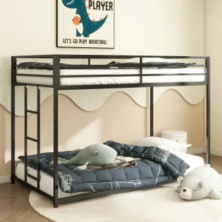 Kumix Bunk Bed Twin over Twin, Metal Bunk Bed for Kids, Teens Adults with Build-in Ladder and Full-Length Guardrails, Low Bunk Bed Frame for Bedroom, Dom, Easy Climbing, Noise-Free, Black