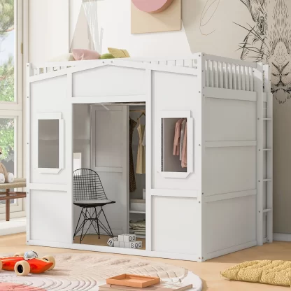 Kumix Loft Bed Full Size, House Loft Bed with Wardrobe, Shelves, Full Length Guardrail, Build-in Ladder for Kids Teens Adults, Space-Saving Loft Bed Frame, Noise-Free, Easy Assembly, White