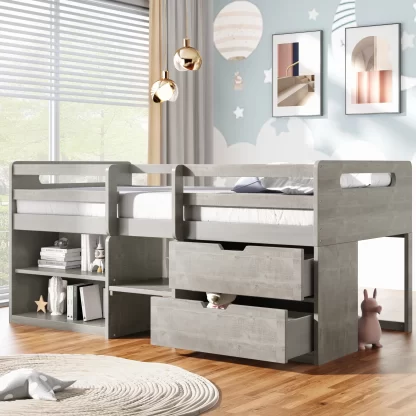 Kumix Loft Bed Twin Size, Wood Loft Bed with Two Shelves and Two Drawers for Kids Teens Adults, Heavy Duty Loft Bed Frame with Full Length Guardrail and Ladder for Bedroom, Space-Saving, Gray