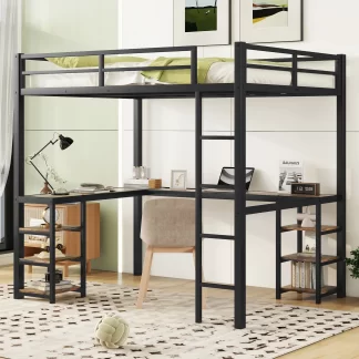Kumix Loft Bed Full Size, Metal Loft Bed with Desk and Shelves for Kids, Teens, Heavy Duty Loft Bed with Ladder and Guardrails, Loft Bed Frame for Bedroom, Noise-Free, Space-Saving, Black